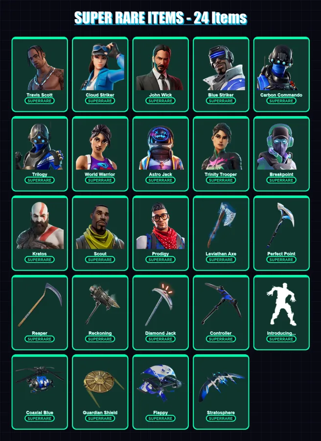 [PC/XBOX] | Travis Scott | Cloud Striker | John Wick | Blue Striker | Carbon Commando | 482 skin | 303 pickaxe | 193 emote | 141 glider | Lv2234