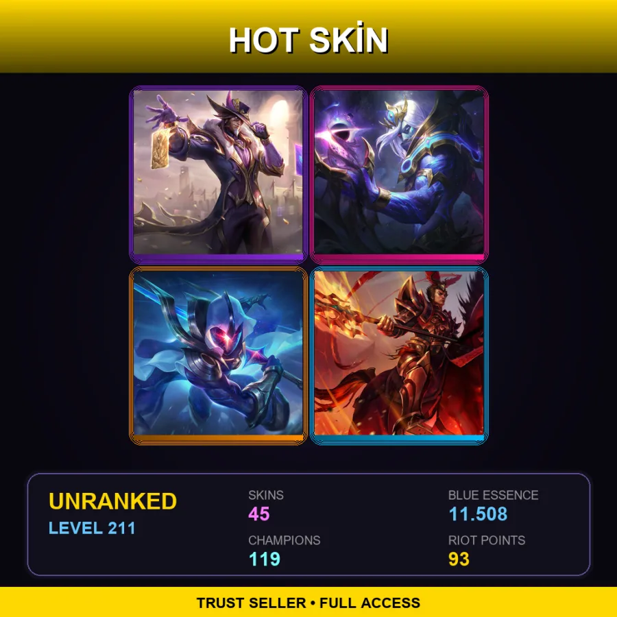 TR | Victorious Twisted Fate | Cosmic Devourer Vladimir | Cosmic Blade Master Yi | Warring Kingdoms Jarvan IV | 45 Skin | 119 Champ | Lv211