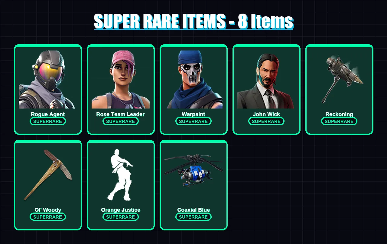 [SWITCH/XBOX/PC] | Rogue Agent | Rose Team Leader | Warpaint | John Wick | Carbide | 57 skin | 41 pickaxe | 57 emote | 44 glider | Lv473
