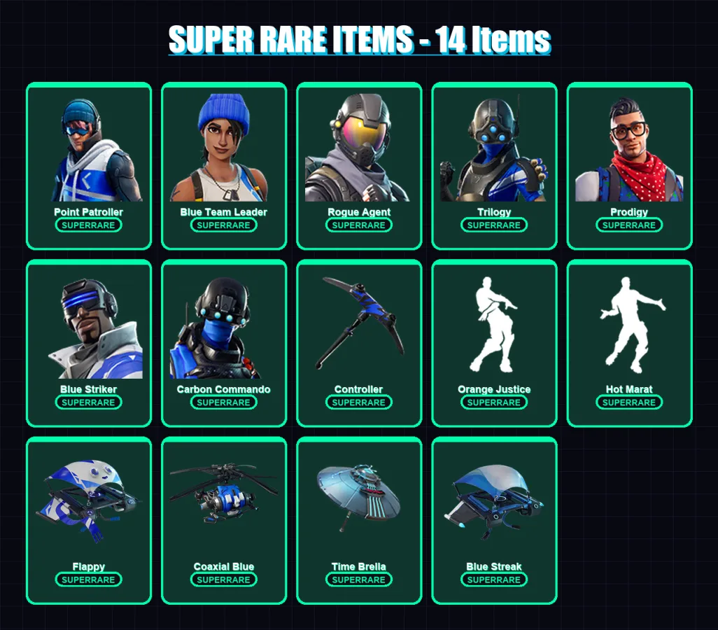 [PS4/PS5/XBOX/PC] | Point Patroller | Blue Team Leader | Rogue Agent | Trilogy | Prodigy | 38 skin | 55 pickaxe | 57 emote | 64 glider | Lv806
