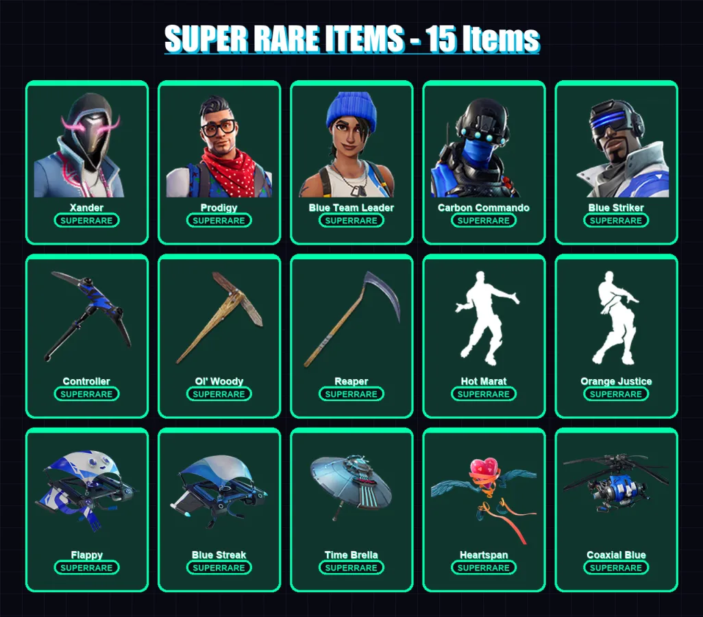 [PC] | Xander | Prodigy | Blue Team Leader | Carbon Commando | Blue Striker | 262 skin | 288 pickaxe | 232 emote | 189 glider | Lv2750