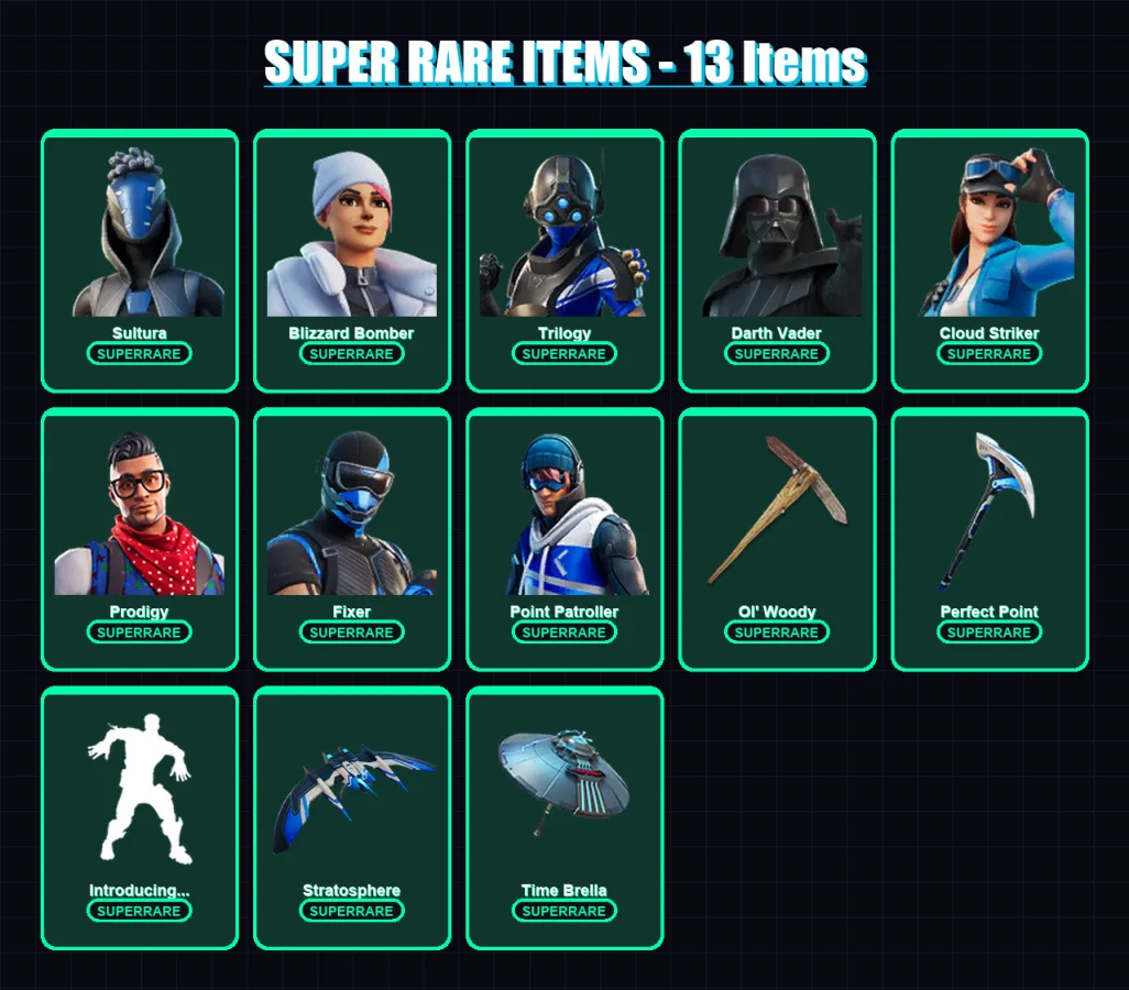 [PS4/PS5/XBOX/PC] | Sultura | Blizzard Bomber | Trilogy | Darth Vader | Cloud Striker | 219 skin | 291 pickaxe | 234 emote | 220 glider | Lv3958