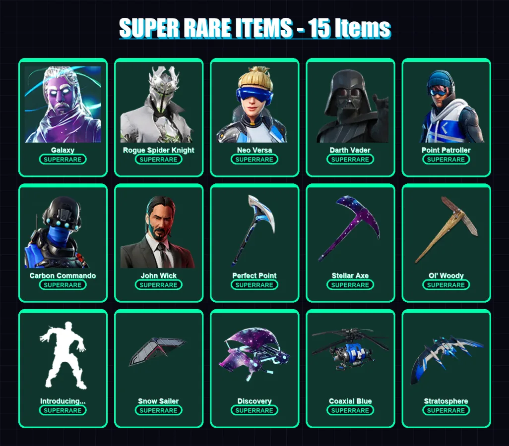 [PS4/PS5/XBOX/PC] | Galaxy | Rogue Spider Knight | Neo Versa | Darth Vader | Point Patroller | 101 skin | 93 pickaxe | 77 emote | 82 glider | Lv1072