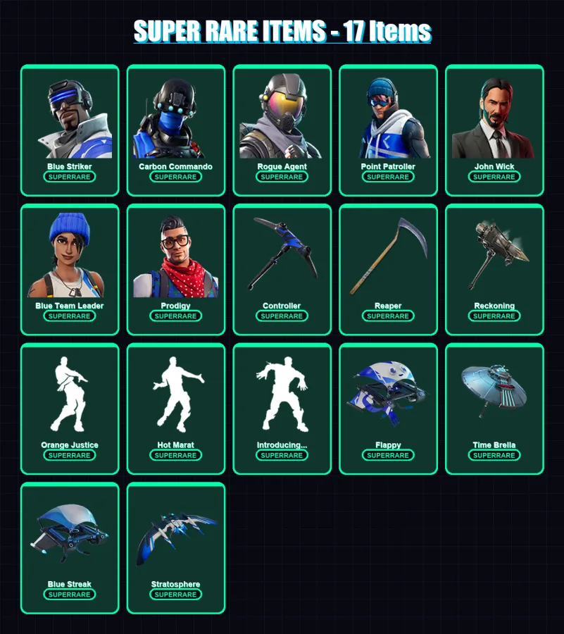[PC] | Blue Striker | Carbon Commando | Rogue Agent | Point Patroller | John Wick | 167 skin | 128 pickaxe | 160 emote | 133 glider | Lv1549