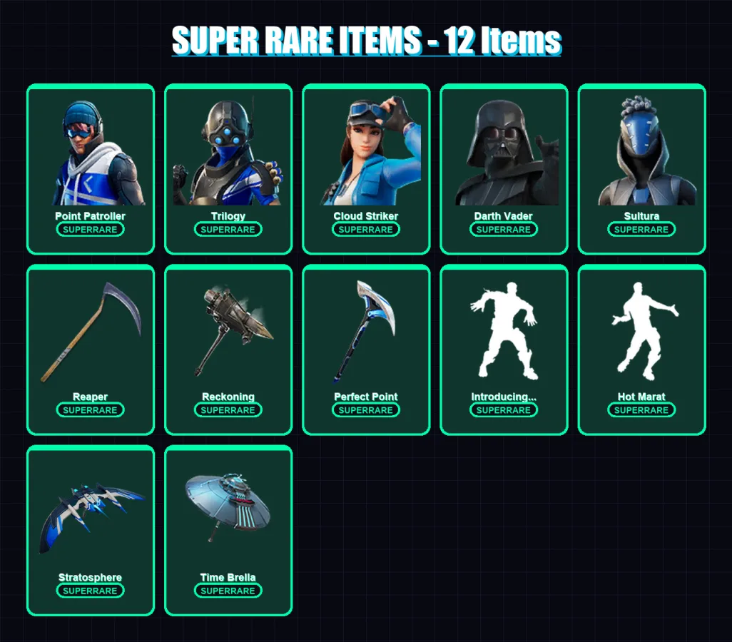 [PS4/PS5/XBOX/PC] | Point Patroller | Trilogy | Cloud Striker | Darth Vader | Sultura | 134 skin | 149 pickaxe | 128 emote | 150 glider | Lv2133