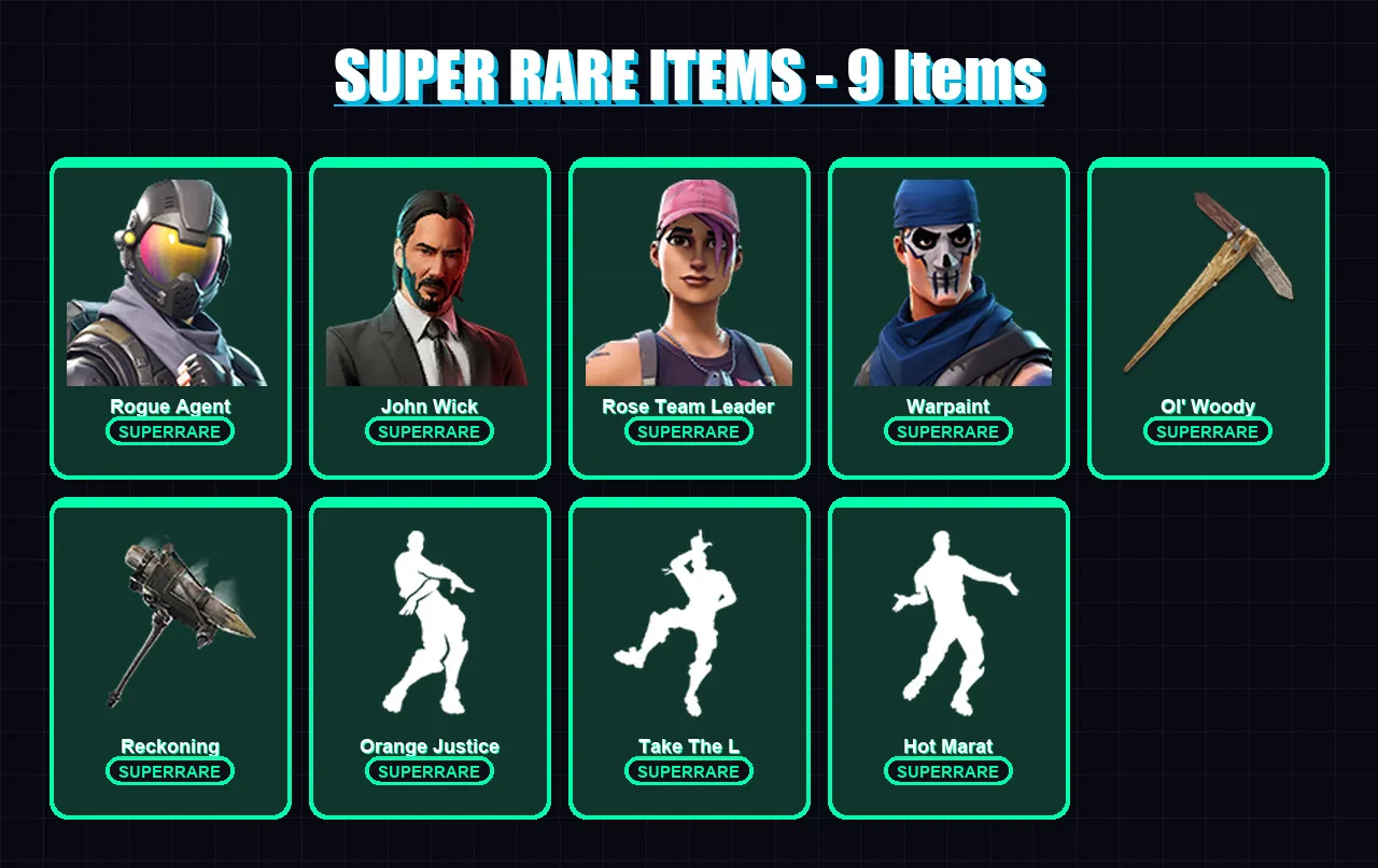 [PC/PSN] | Rogue Agent | John Wick | Rose Team Leader | Warpaint | Rox | 93 skin | 72 pickaxe | 105 emote | 77 glider | Lv1027