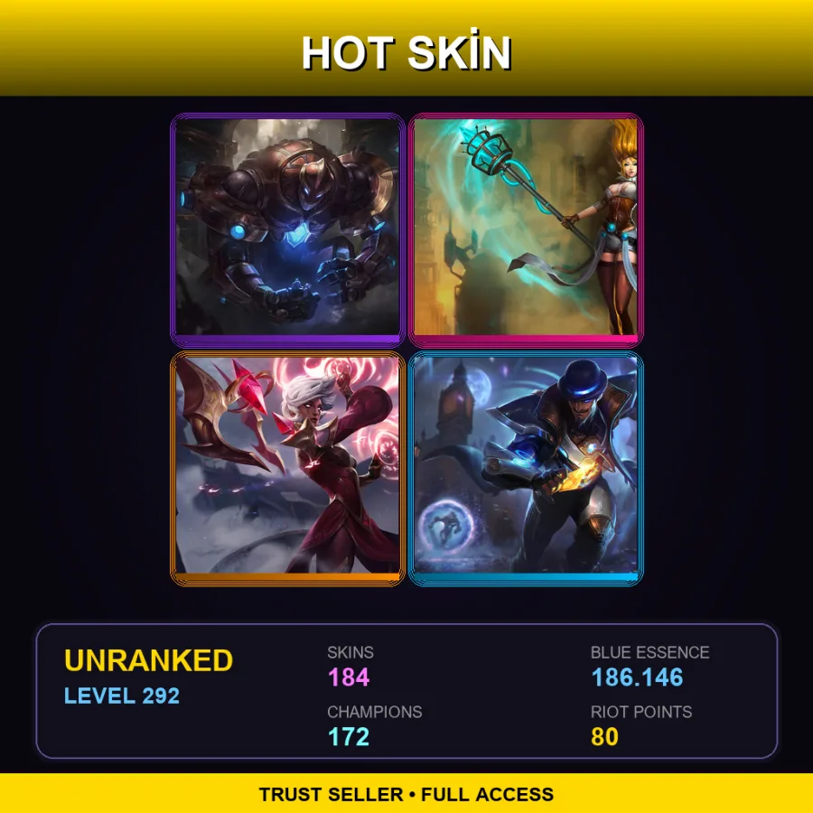 OCE | Lv292 | Unranked | 184 Skin | 172 Champ — LoL account