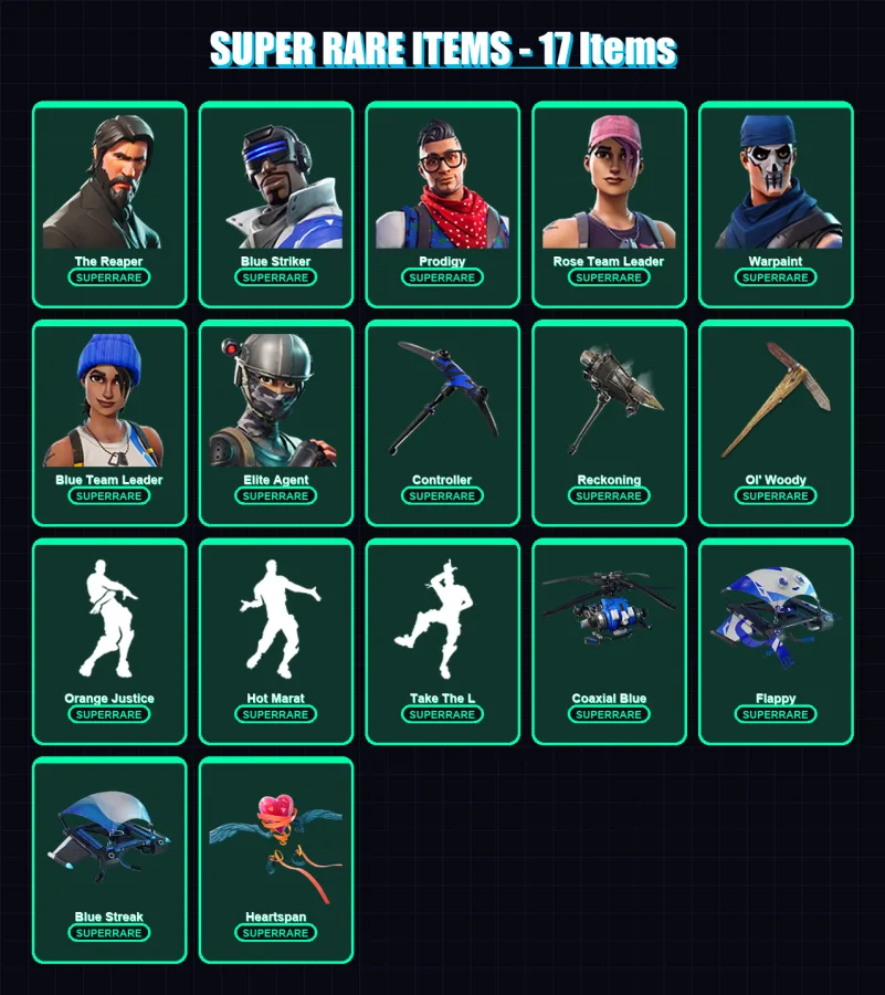[PC/XBOX/PSN] | The Reaper | Blue Striker | Prodigy | Rose Team Leader | Warpaint | 92 skin | 71 pickaxe | 67 emote | 77 glider | Lv893