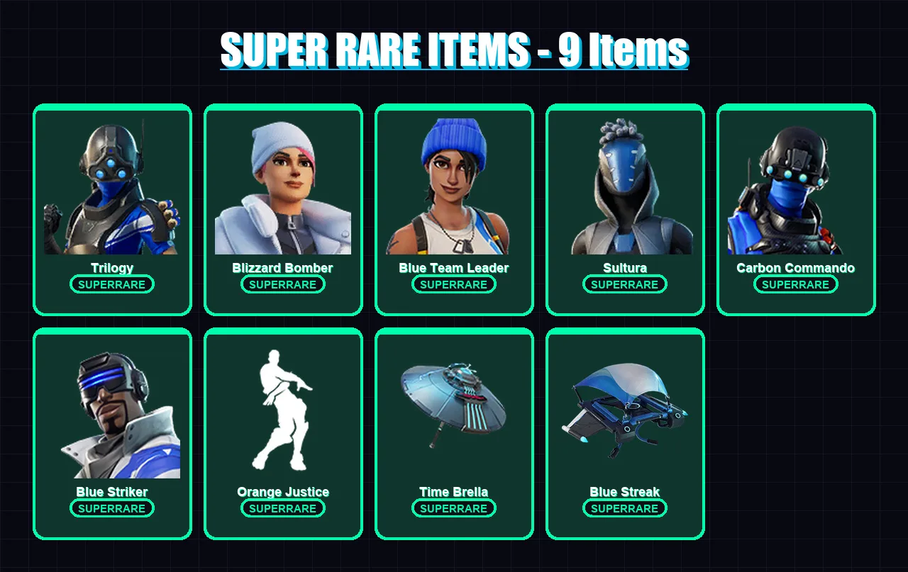 [PC/XBOX/PSN] | Trilogy | Blizzard Bomber | Blue Team Leader | Sultura | Carbon Commando | 87 skin | 76 pickaxe | 67 emote | 82 glider | Lv1313