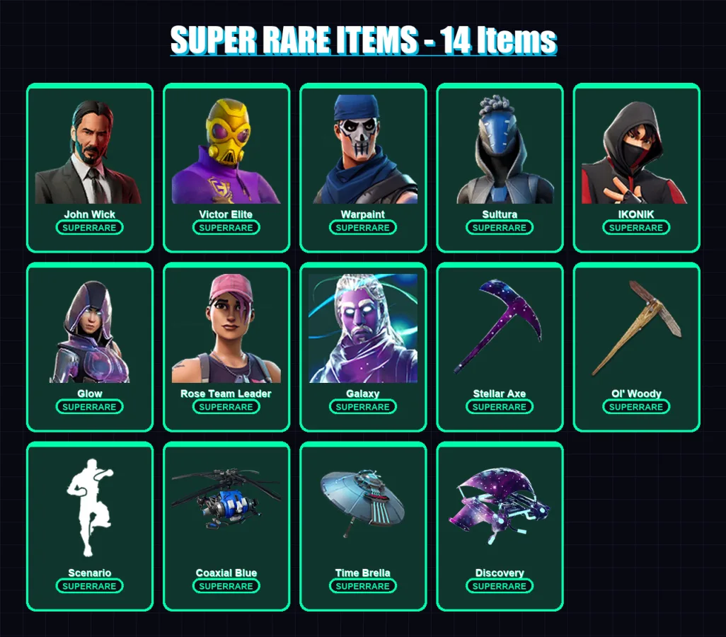 [PC/XBOX/PSN] | John Wick | Victor Elite | Warpaint | Sultura | IKONIK | 149 skin | 165 pickaxe | 96 emote | 111 glider | Lv1621