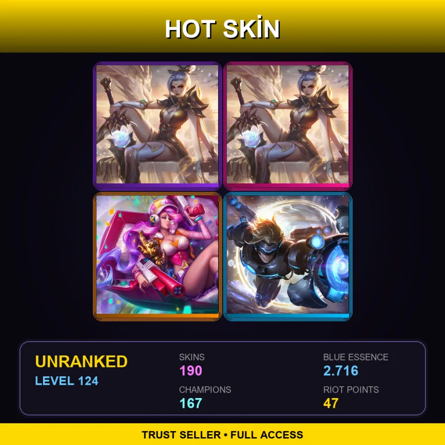 EUW | Lv124 | Unranked | 190 Skin | 167 Champ — LoL account
