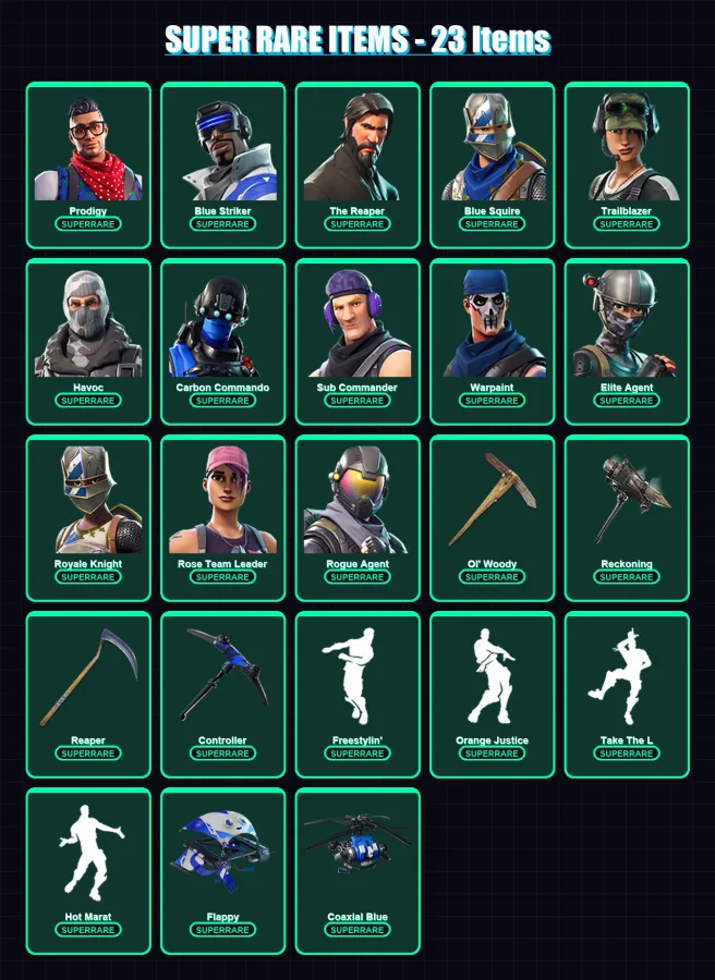 [PS4/PS5/XBOX/PC] | Prodigy | Blue Striker | The Reaper | Blue Squire | Trailblazer | 91 skin | 74 pickaxe | 84 emote | 72 glider | Lv972