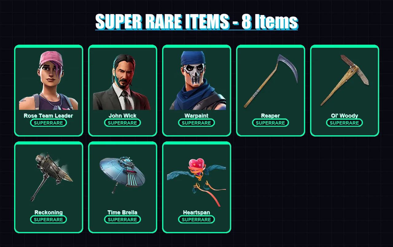 [PC] | Rose Team Leader | John Wick | Warpaint | Blaze | Raven | 107 skin | 166 pickaxe | 120 emote | 142 glider | Lv2611