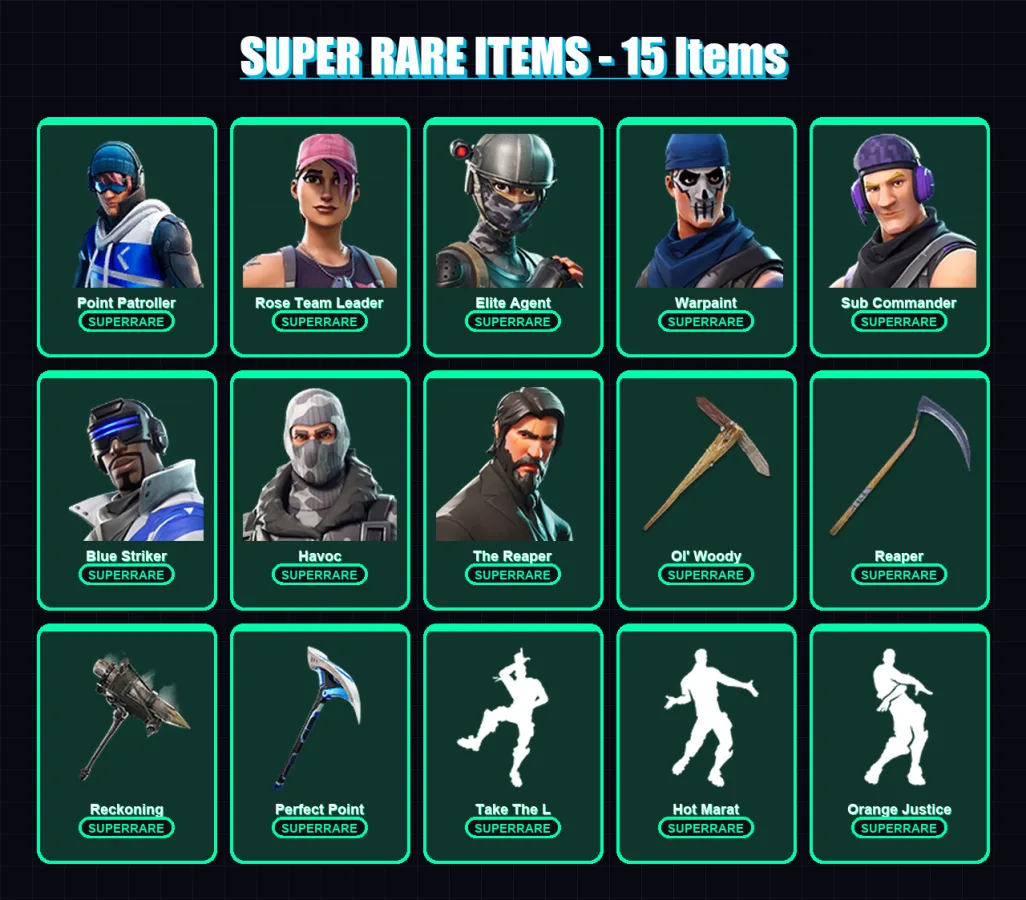 [PC/XBOX/PSN] | Point Patroller | Rose Team Leader | Elite Agent | Warpaint | Sub Commander | 160 skin | 129 pickaxe | 108 emote | 126 glider | Lv18
