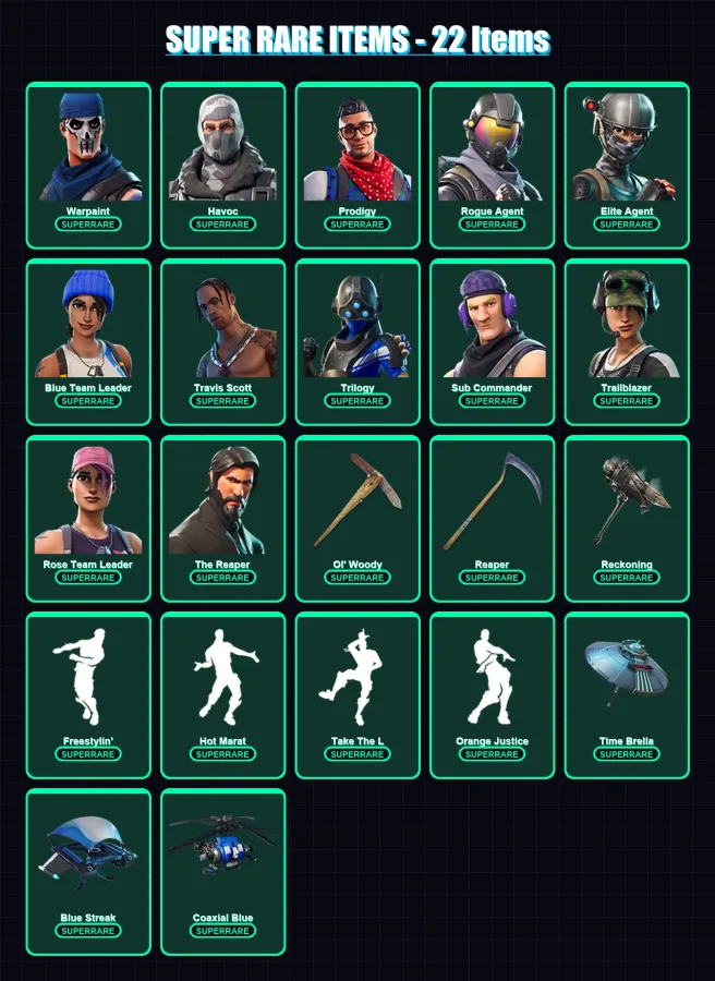 [PC/XBOX] | Warpaint | Havoc | Prodigy | Rogue Agent | Elite Agent | 116 skin | 115 pickaxe | 102 emote | 118 glider | Lv1632