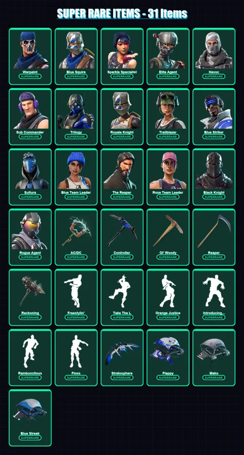 [PS4/PS5/XBOX/PC] | Warpaint | Blue Squire | Sparkle Specialist | Elite Agent | Havoc | 135 skin | 85 pickaxe | 115 emote | 72 glider | Lv725
