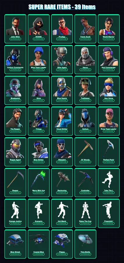 [PS4/PS5/XBOX/PC] | John Wick | IKONIK | Prodigy | Travis Scott | World Warrior | 226 skin | 174 pickaxe | 143 emote | 132 glider | Lv1907