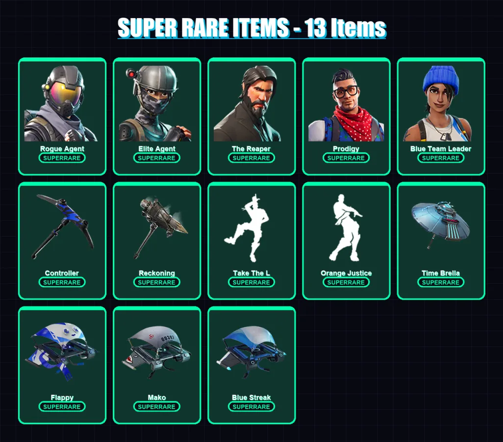 [PS4/PS5/XBOX/PC] | Rogue Agent | Elite Agent | The Reaper | Prodigy | Blue Team Leader | 28 skin | 40 pickaxe | 47 emote | 45 glider | Lv818