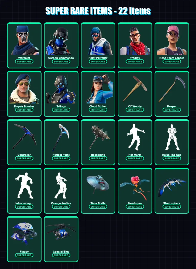 [PC/XBOX] | Warpaint | Carbon Commando | Point Patroller | Prodigy | Rose Team Leader | 166 skin | 182 pickaxe | 195 emote | 165 glider | Lv2330
