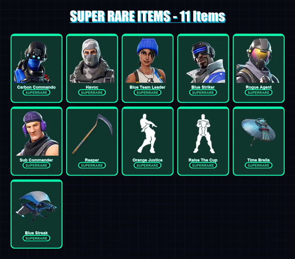 [PC] | Carbon Commando | Havoc | Blue Team Leader | Blue Striker | Rogue Agent | 85 skin | 73 pickaxe | 62 emote | 64 glider | Lv908