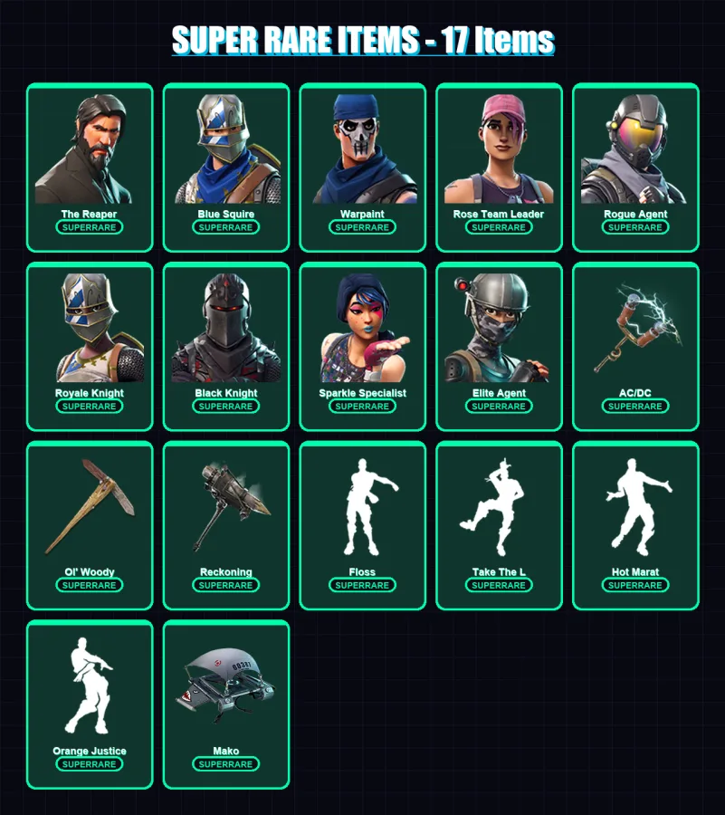 [PC] | The Reaper | Blue Squire | Warpaint | Rose Team Leader | Rogue Agent | 39 skin | 48 pickaxe | 48 emote | 49 glider | Lv764