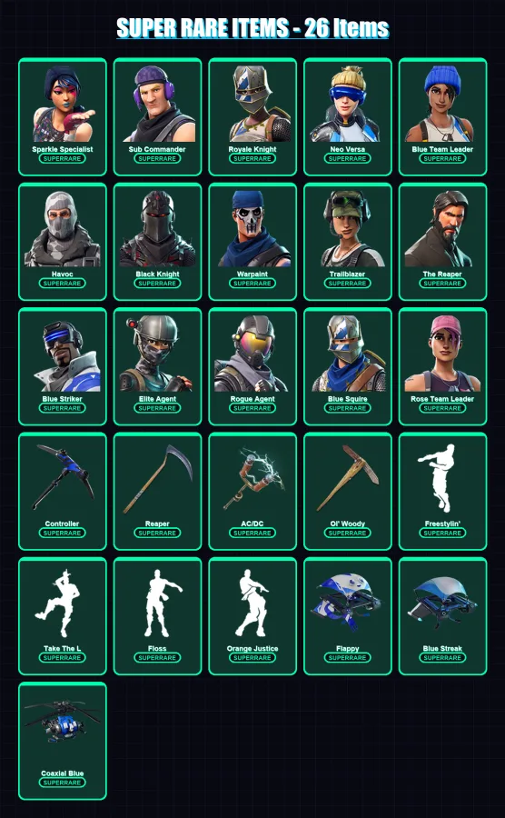 [PC] | Sparkle Specialist | Sub Commander | Royale Knight | Neo Versa | Blue Team Leader | 160 skin | 174 pickaxe | 150 emote | 148 glider | Lv1789