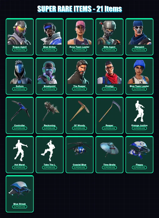 [PS4/PS5/XBOX/PC] | Rogue Agent | Blue Striker | Rose Team Leader | Elite Agent | Warpaint | 158 skin | 108 pickaxe | 115 emote | 101 glider | Lv142