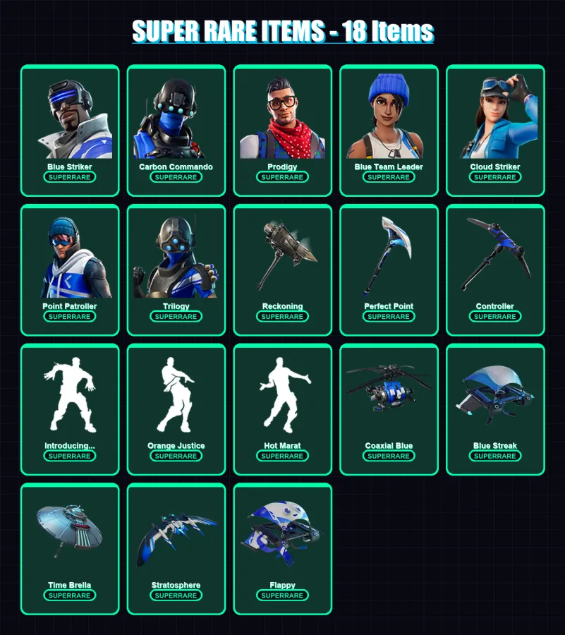 [PS4/PS5/XBOX/PC] | Blue Striker | Carbon Commando | Prodigy | Blue Team Leader | Cloud Striker | 47 skin | 41 pickaxe | 43 emote | 47 glider | Lv70