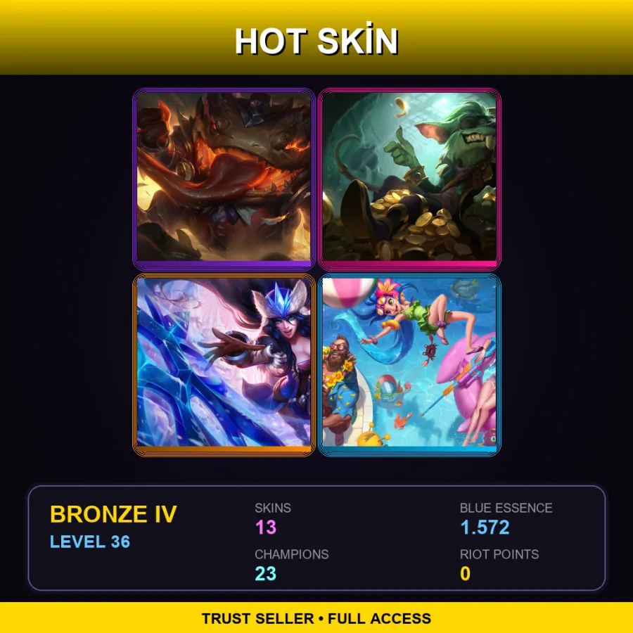 TR | High Noon Tahm Kench | Kingpin Twitch | Snowstorm Sivir | Pool Party Zoe | 13 Skin | 23 Champ | Bronze IV | Lv36