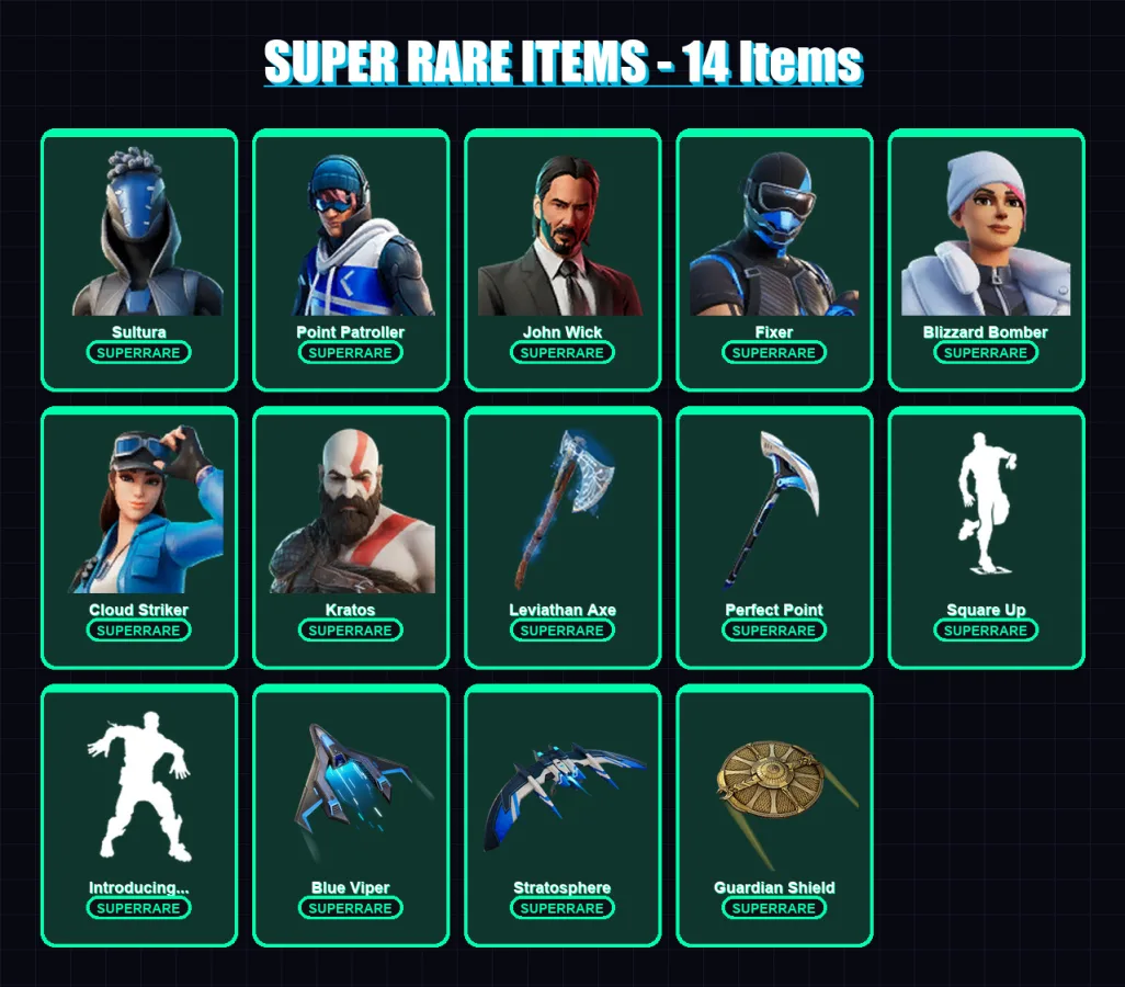 [PS4/PS5/XBOX/PC] | Sultura | Point Patroller | John Wick | Fixer | Blizzard Bomber | 111 skin | 102 pickaxe | 131 emote | 64 glider | Lv1152
