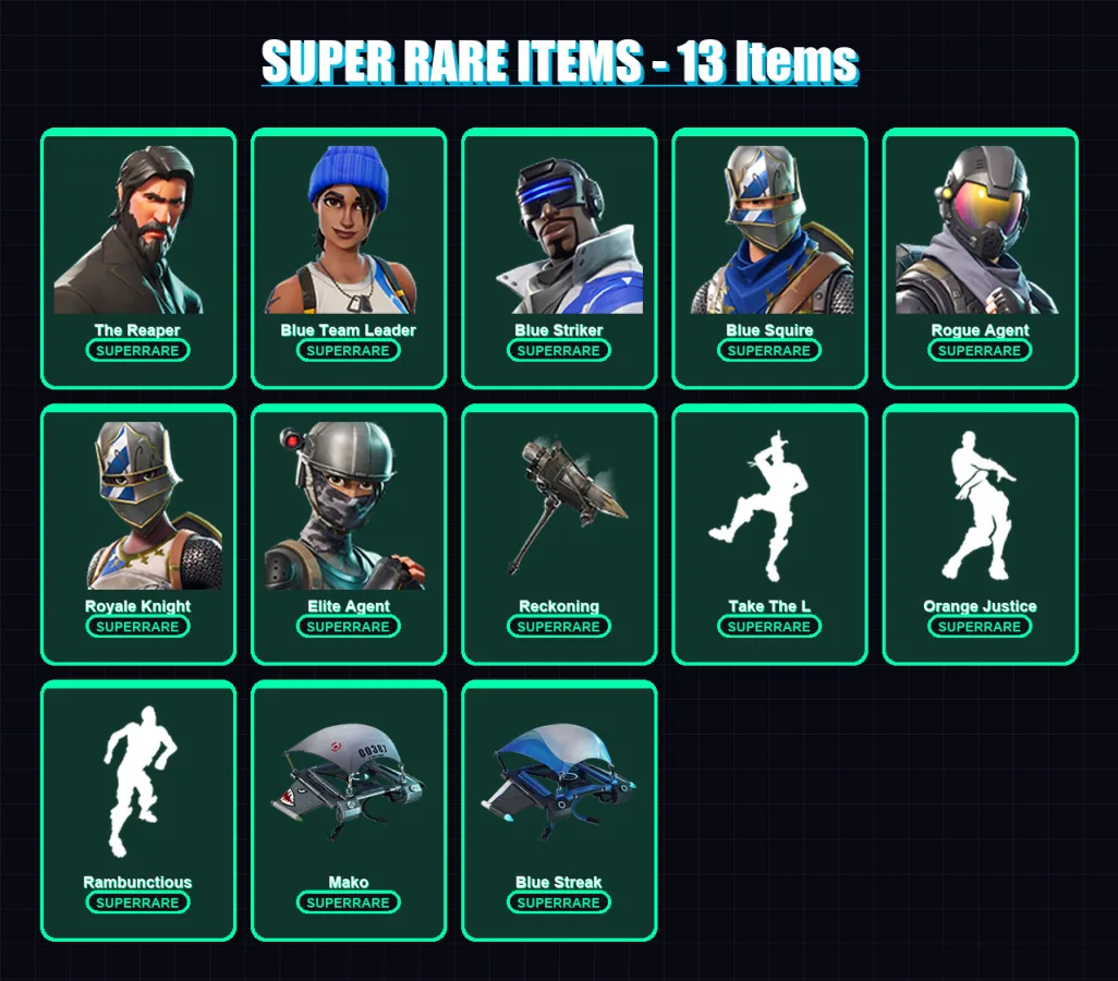 [PS4/PS5/XBOX/PC] | The Reaper | Blue Team Leader | Blue Striker | Blue Squire | Rogue Agent | 38 skin | 18 pickaxe | 30 emote | 24 glider | Lv391
