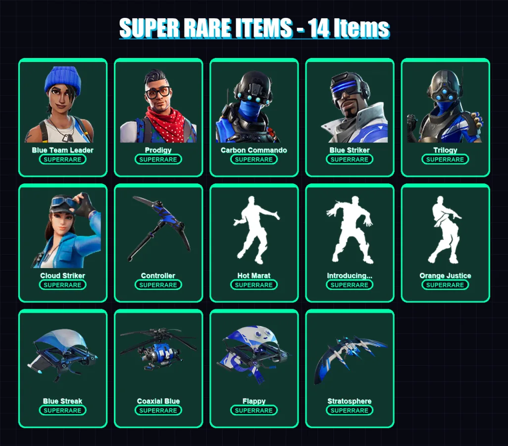 [PS4/PS5/XBOX/PC] | Blue Team Leader | Prodigy | Carbon Commando | Blue Striker | Trilogy | 96 skin | 104 pickaxe | 88 emote | 101 glider | Lv1317