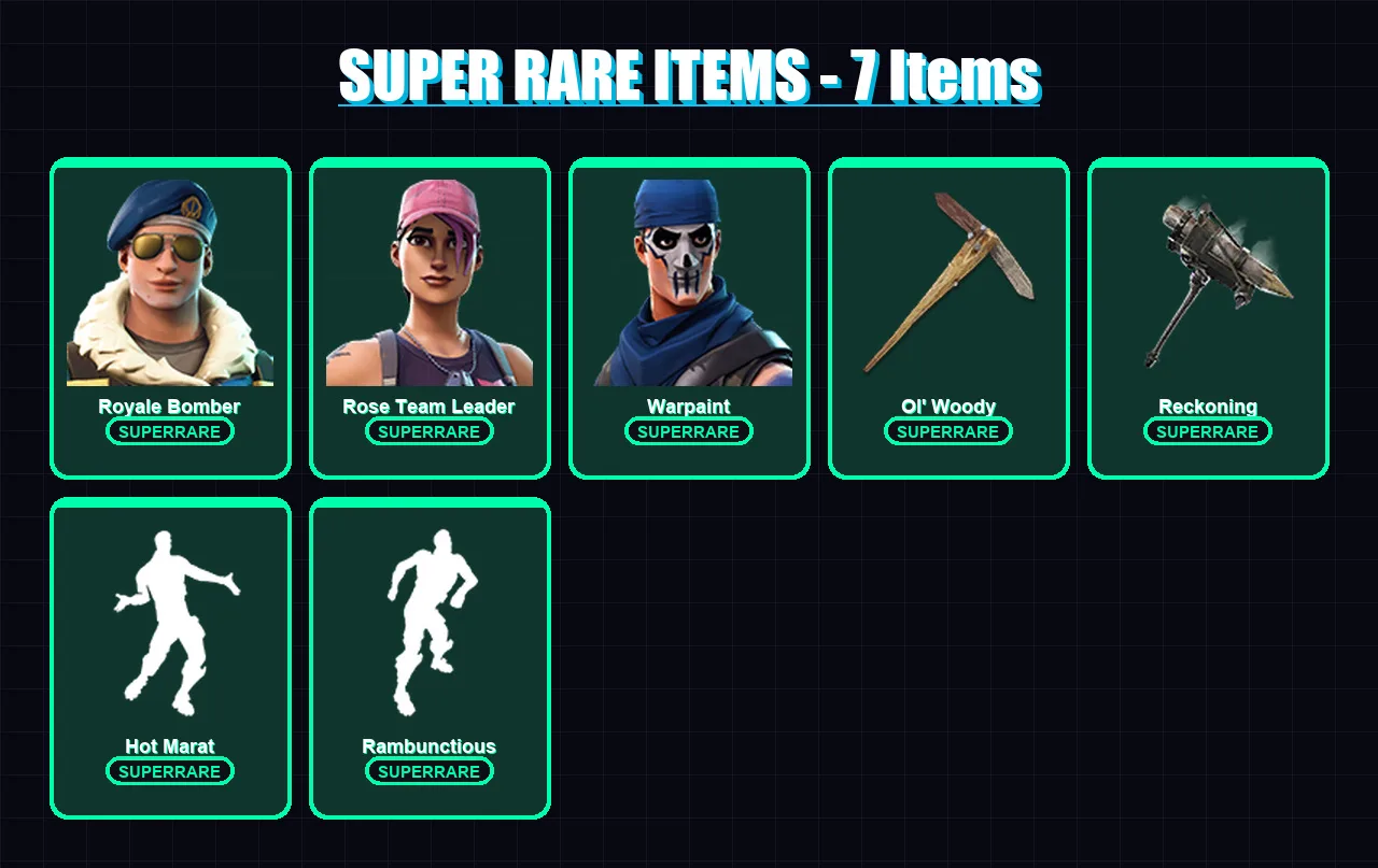 [PC/XBOX] | Royale Bomber | Rose Team Leader | Warpaint | Calamity | Dire | 30 skin | 25 pickaxe | 33 emote | 29 glider | Lv325