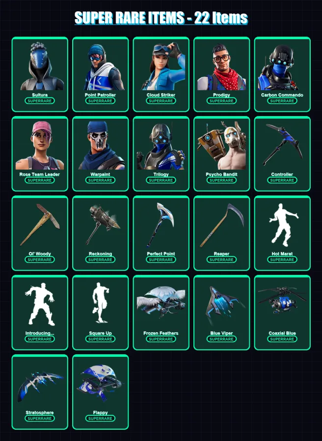 [PC/XBOX/PSN] | Sultura | Point Patroller | Cloud Striker | Prodigy | Carbon Commando | 155 skin | 125 pickaxe | 116 emote | 108 glider | Lv1182