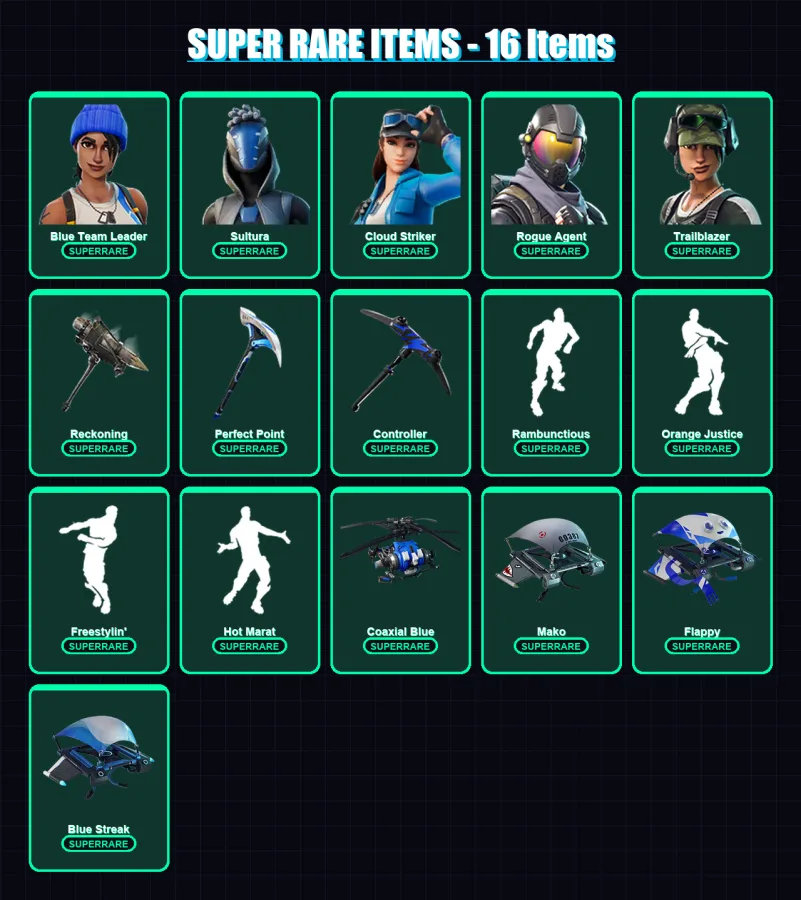 [PS4/PS5/XBOX/PC] | Blue Team Leader | Sultura | Cloud Striker | Rogue Agent | Trailblazer | 25 skin | 24 pickaxe | 34 emote | 29 glider | Lv470