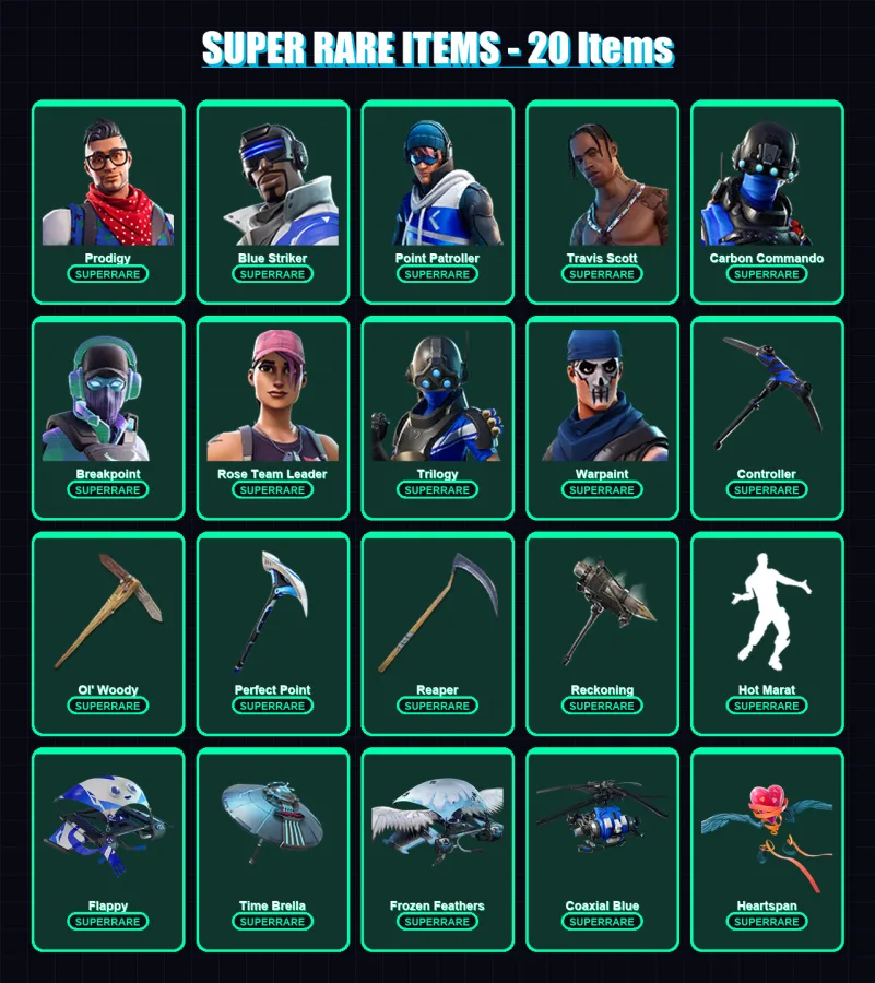 [PS4/PS5/XBOX/PC] | Prodigy | Blue Striker | Point Patroller | Travis Scott | Carbon Commando | 101 skin | 90 pickaxe | 80 emote | 83 glider | Lv105
