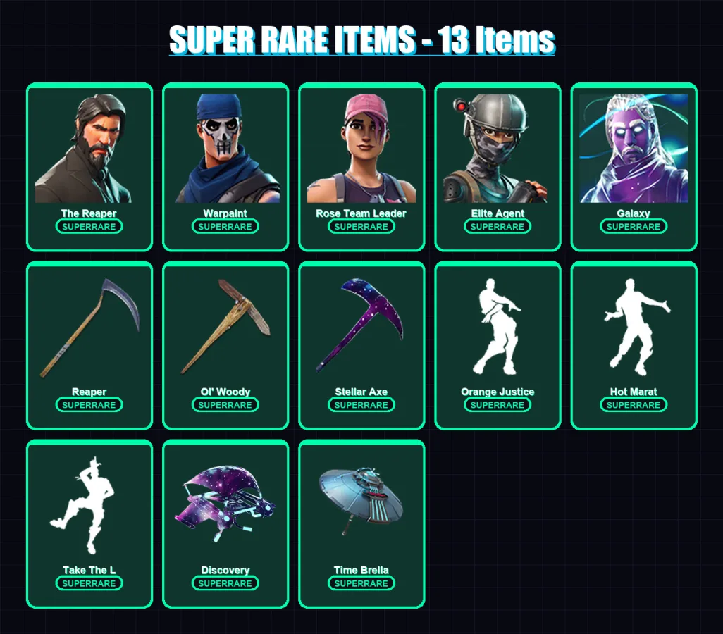 [PC/XBOX/PSN] | The Reaper | Warpaint | Rose Team Leader | Elite Agent | Galaxy | 83 skin | 108 pickaxe | 101 emote | 95 glider | Lv1496