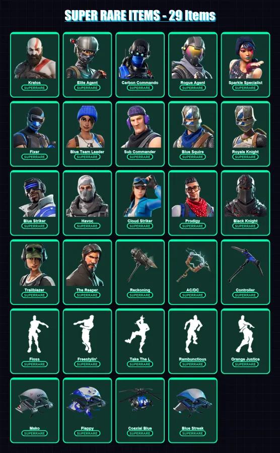 [PS4/PS5/XBOX/PC] | Kratos | Elite Agent | Carbon Commando | Rogue Agent | Sparkle Specialist | 116 skin | 88 pickaxe | 92 emote | 93 glider | Lv131