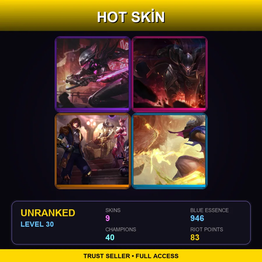 EUW | Lv30 | Unranked | 9 Skin | 40 Champ