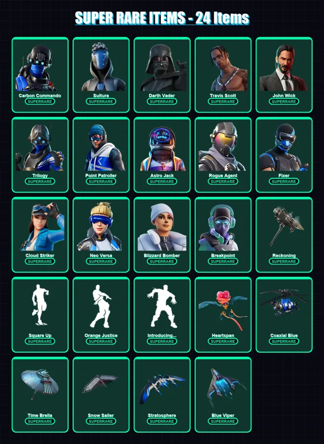 [PS4/PS5/XBOX/PC] | Carbon Commando | Sultura | Darth Vader | Travis Scott | John Wick | 95 skin | 90 pickaxe | 138 emote | 100 glider | Lv1369