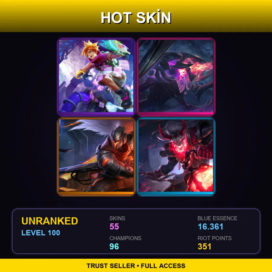 EUW | Lv100 | Unranked | 55 Skin | 96 Champ — LoL account