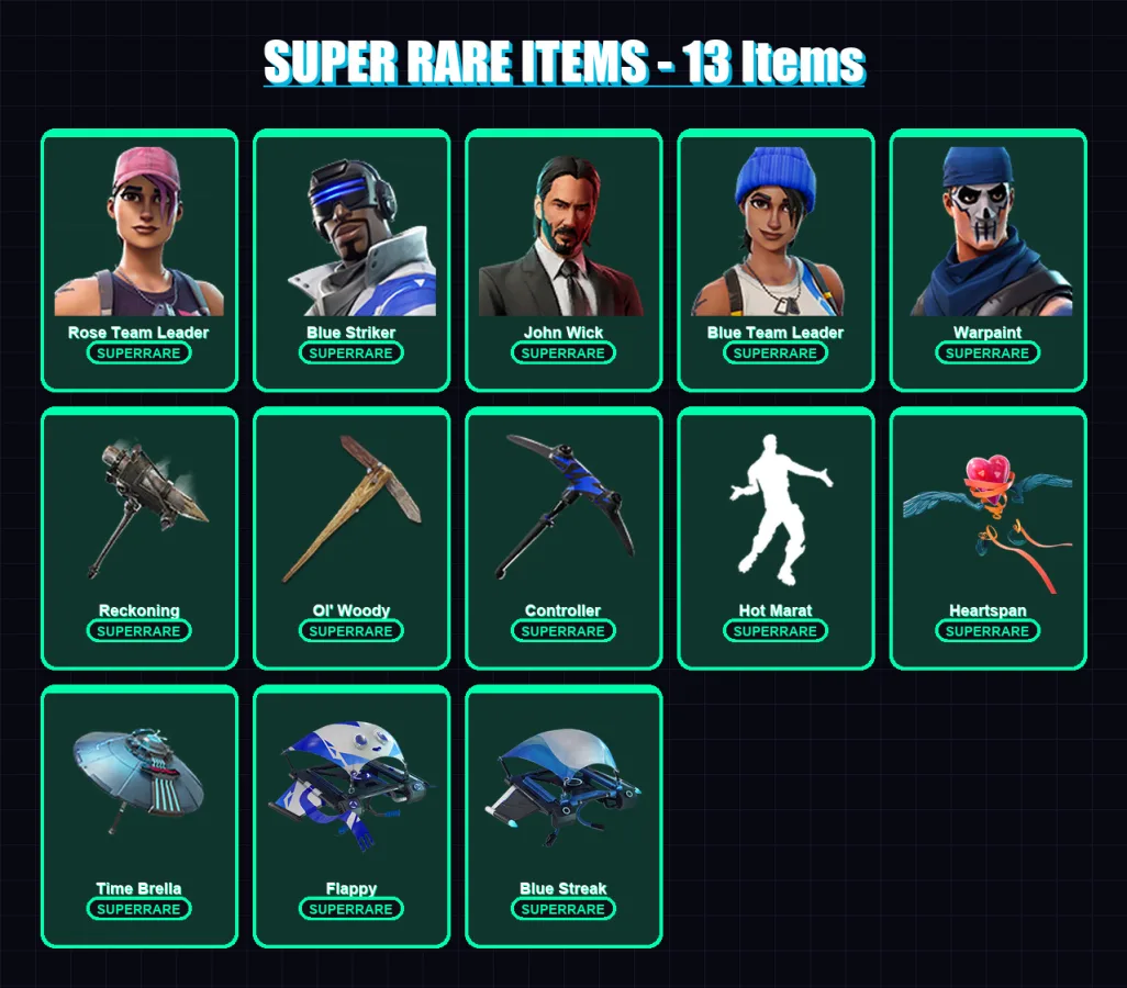 [PS4/PS5/XBOX/PC] | Rose Team Leader | Blue Striker | John Wick | Blue Team Leader | Warpaint | 64 skin | 57 pickaxe | 91 emote | 63 glider | Lv659