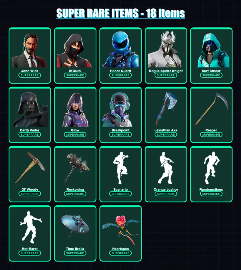 [PS4/PS5/PC] | John Wick | IKONIK | Honor Guard | Rogue Spider Knight | Surf Strider | 365 skin | 333 pickaxe | 312 emote | 258 glider | Lv3902