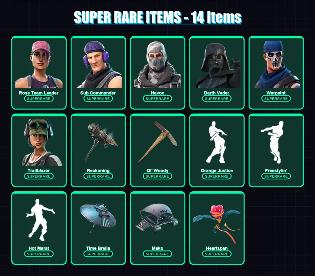 [PC/PSN] | Rose Team Leader | Sub Commander | Havoc | Darth Vader | Warpaint | 113 skin | 112 pickaxe | 110 emote | 122 glider | Lv1667