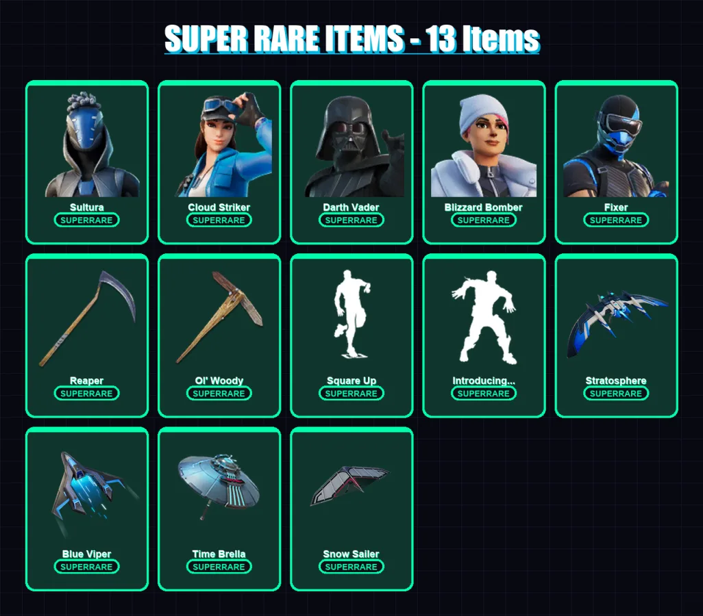[PC/XBOX] | Sultura | Cloud Striker | Darth Vader | Blizzard Bomber | Fixer | 270 skin | 329 pickaxe | 236 emote | 245 glider | Lv4608