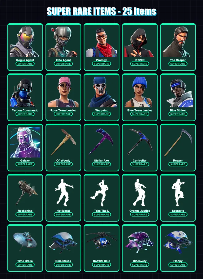 [PS4/PS5/XBOX/PC] | Rogue Agent | Elite Agent | Prodigy | IKONIK | The Reaper | 108 skin | 68 pickaxe | 93 emote | 75 glider | Lv1007 — Fortnite account