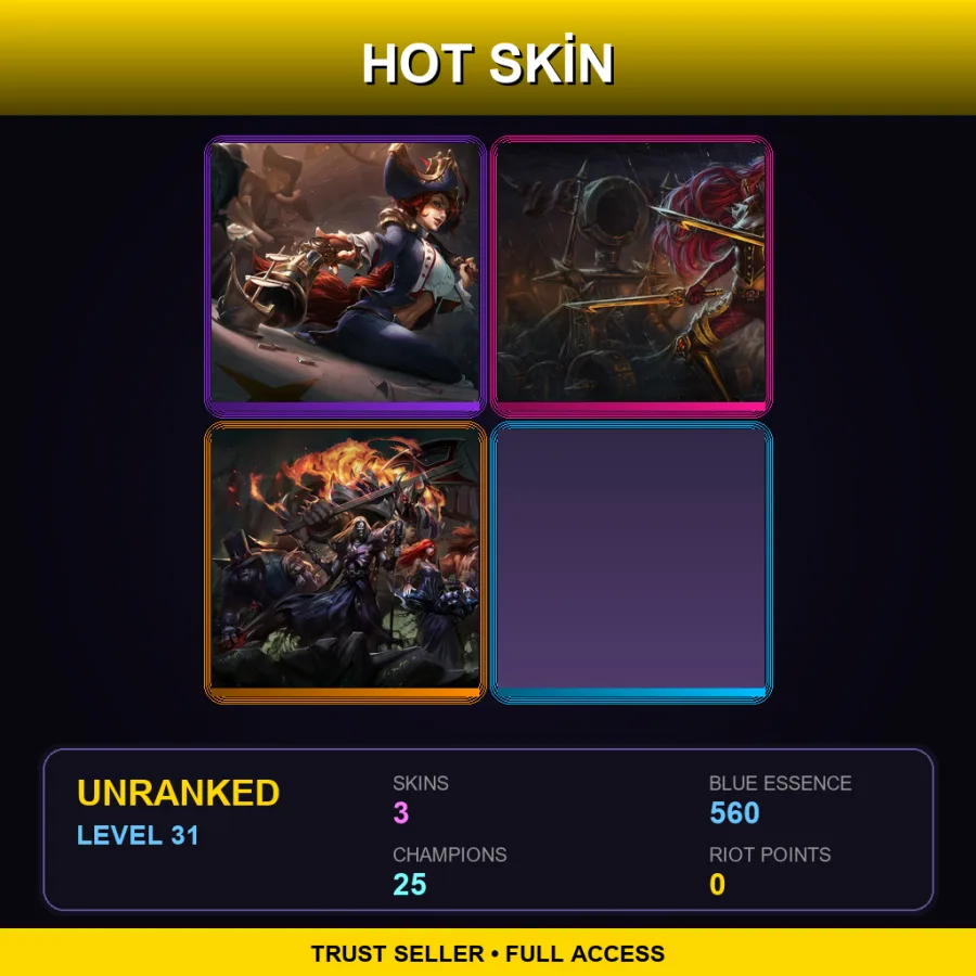 LAN | Waterloo Miss Fortune | High Command Katarina | Pentakill Mordekaiser | 3 Skin | 25 Champ | Lv31