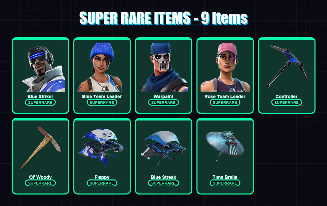 [PS4/PS5/XBOX/PC] | Blue Striker | Blue Team Leader | Warpaint | Rose Team Leader | Midas | 55 skin | 105 pickaxe | 62 emote | 95 glider | Lv1512