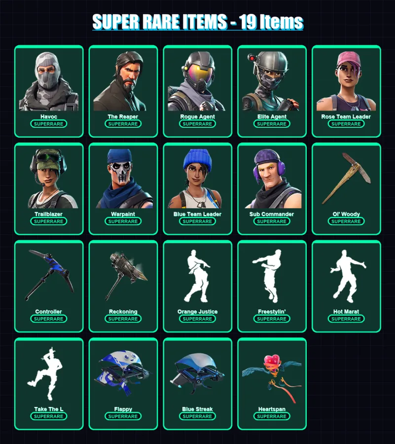 [PS4/PS5/XBOX/PC] | Havoc | The Reaper | Rogue Agent | Elite Agent | Rose Team Leader | 71 skin | 48 pickaxe | 51 emote | 51 glider | Lv582