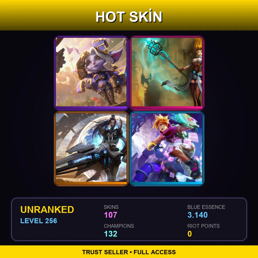 VN | Hextech Tristana | Hextech Janna | Pulsefire Caitlyn | Arcade Ezreal | 107 Skin | 132 Champ | Lv256